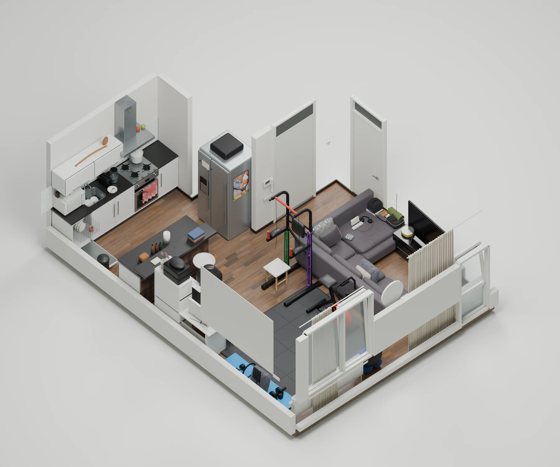 Doorsnede van het 3D-model · meubels en indeling van de vastgelegde ruimte