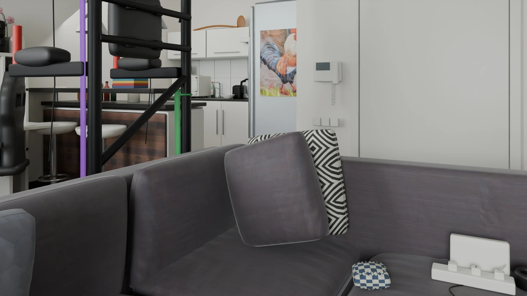 Gerenderd aanzicht van de woonruimte · bewerkbare Blender-scène